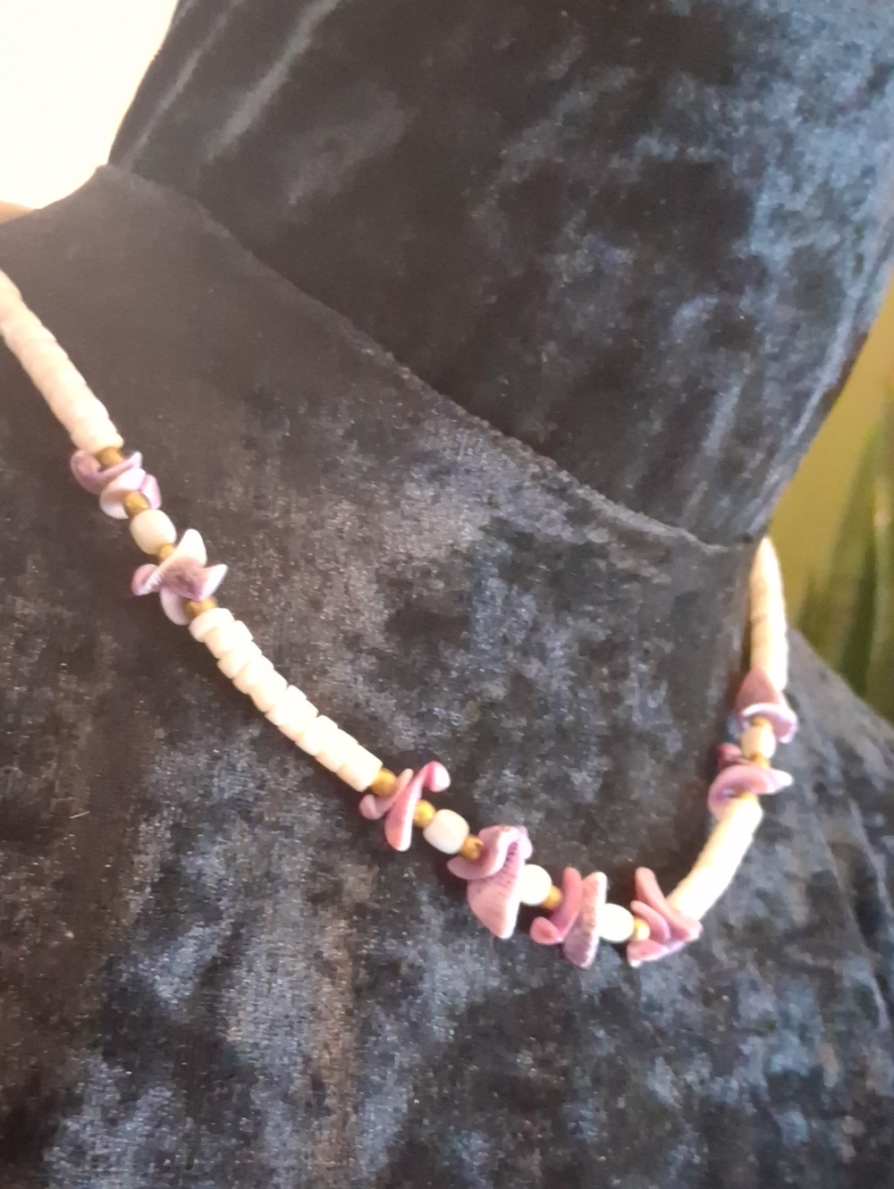Puka Shell & Lavander Shell Bead Necklace 16 In Long